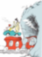 Illustration from Green Eggs And Ham with the car and characters on the roof of a train going into a tunnel