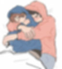 Cartoon of two boys in hoodies hugging, eyes closed