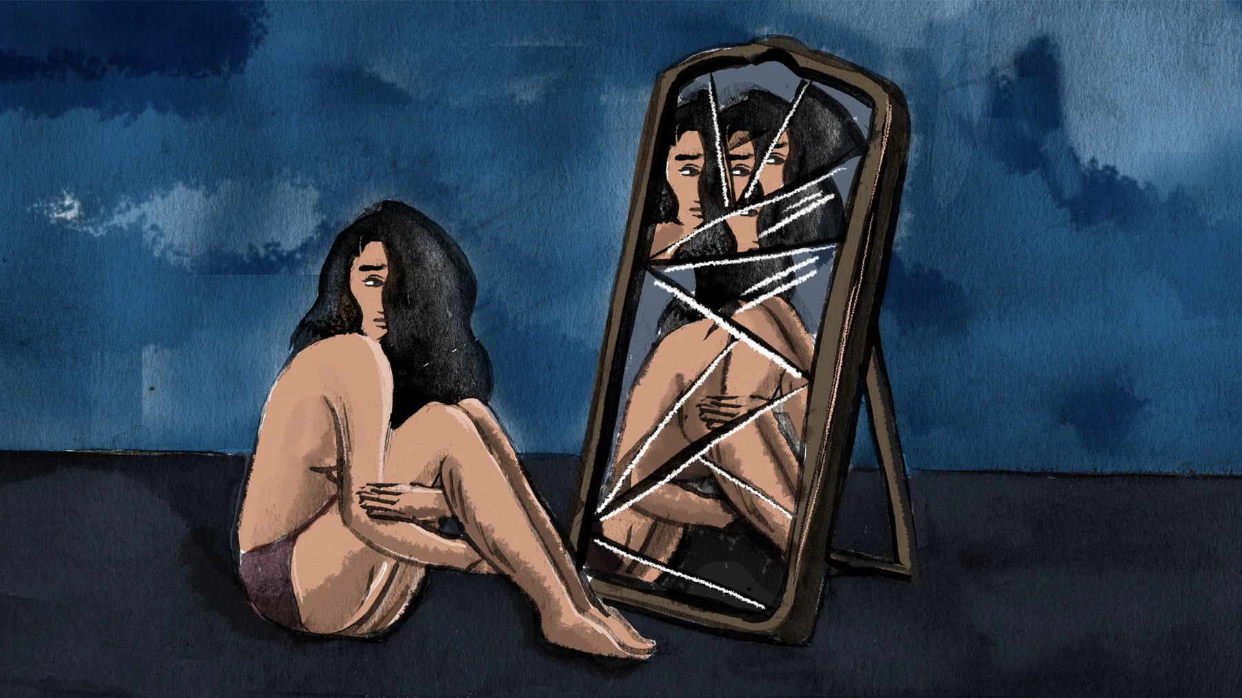 Drawing of a young woman in just underwear sitting and holding her knees in front of a shattered mirror