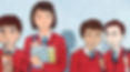 Illustration of 4 kids in school blazers and ties, with the girl taller than the boys