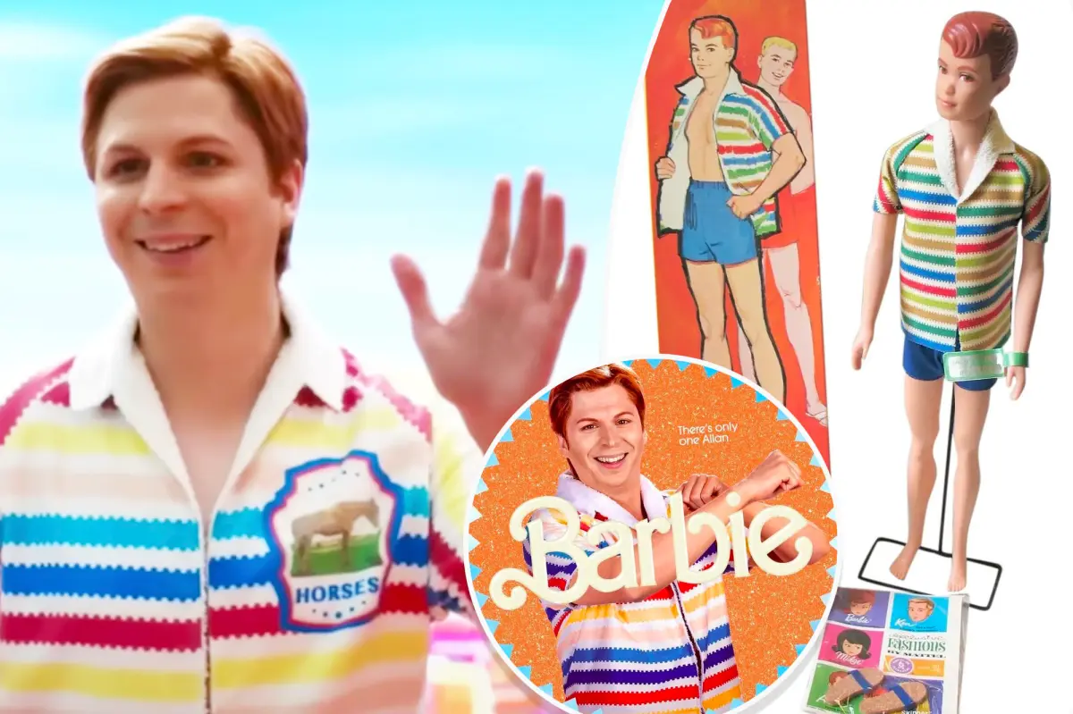 Michael Cera as Allan in a zigzag-striped shirt holds up his hand next to an Allan doll and a drawing of Allan and Ken