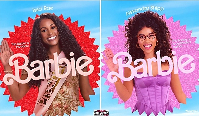 Barbie logo superimposed onto picture of President Barbie Issa Rae, with long hair, and Writer BarbieAlexandra Shipp, with glasses
